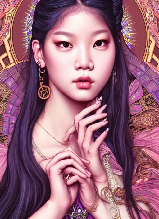 Image similar to jennie manoban of blackpink, tarot card, highly detailed, digital painting, smooth, sharp focus, illustration, ultra realistic, 8 k, art by artgerm and alphonse mucha