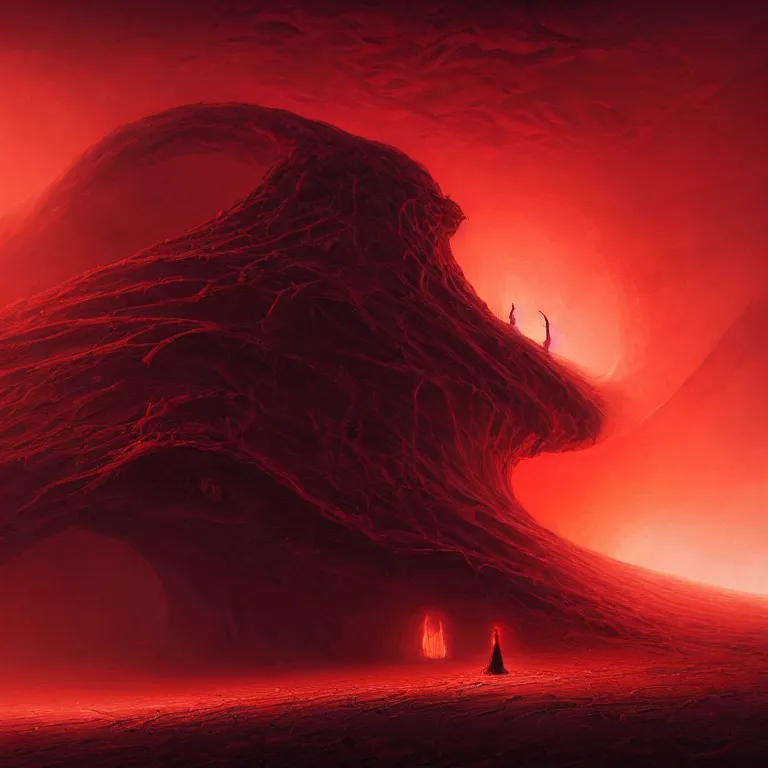 Prompt: one lone singular swirling otherworldly demonic figure shrouded in red robes emerges from extensive barren charcoal dunescape, flames, matte painting by peter mohrbacher and filip hodas, background colosseum!, godrays, high contrast, highly detailed