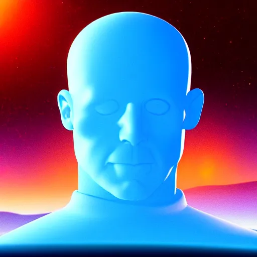 Prompt: Contemporary digital art in style of John Higgins Highly detailed Dr.Manhattan character from Watchmen watching on a beautiful sunrise on mars. Volumetric light