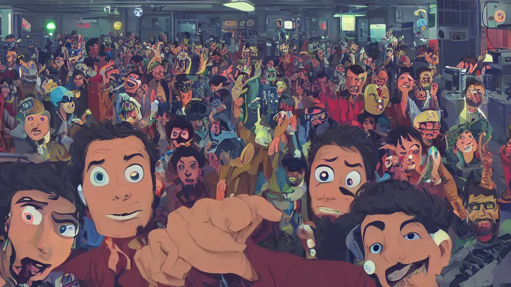 Prompt: selfie of a tight group of happy drunken hackers at a party in a highly detailed server room with computers everywhere and wires, in a scifi movie, vivid colors, by jamie hewlett, nuri iyem, james gurney, james jean, anato finnstark. hyper detailed, wide angle, perfect faces