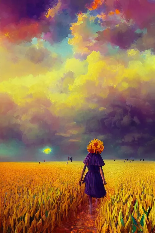 Image similar to giant corn flower head, girl walking in a flower field, surreal photography, sunrise, dramatic light, impressionist painting, colorful clouds, digital painting, artstation, simon stalenhag