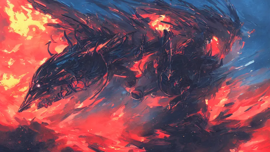 Image similar to Levi Ackerman in Prussian blue heavy knight armour fight with black dragon over the roaring scarlet red shore close to the ocean, speedy wind atmosphere, burst dust and fire, epic, Precise and thick, draw by Art station artist Anato Finnstark, aerial view, halfrear lighting, cinematic lighting