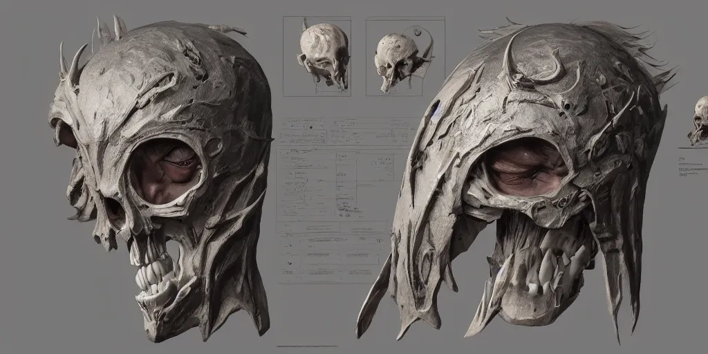Image similar to bone mask design, character sheet, Moebius, Greg Rutkowski, Zabrocki, Karlkka, Jayison Devadas, Phuoc Quan, trending on Artstation, 8K, ultra wide angle, zenith view, pincushion lens effect.