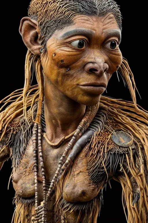 Image similar to photo taken of an epic intricate, ultra detailed, super realistic gritty, hero prop, exquisitely weathered animatronic movie prop of a lifelike sculpture of a huaorani ecuadorian amazon tribe creature displayed in the workshop, created by weta workshop, full body shot, photorealistic, sharp focus