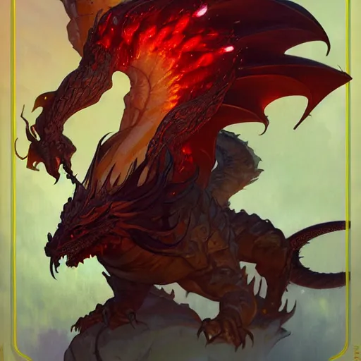 Image similar to full figure dragon, frontal view, luminous scene, by greg rutkowski and alphonse mucha, d & d character, gradient yellow to red, in hell, highly detailed portrait, digital painting, artstation, concept art, smooth, sharp focus illustration, artstation hq