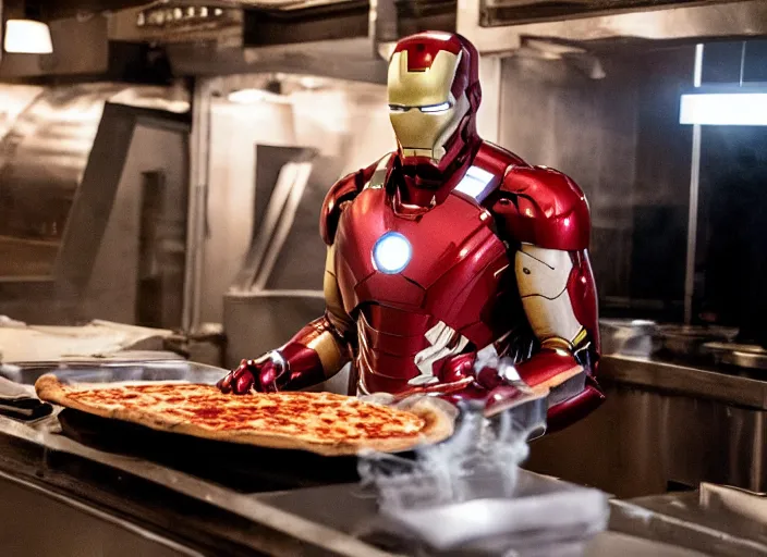 Prompt: film still of Ironman working in a pizza parlor making pizza in the new Avengers movie, 4k