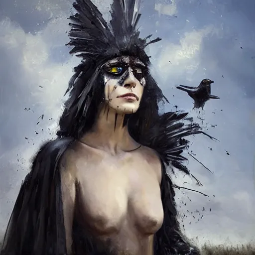 Image similar to morning, a woman in a black dress with a raven head. no face. sun, cinematic, clouds, vogue cover style, contracting colors mood, realistic painting, intricate oil painting, high detail, figurative art, multiple exposure, poster art, 3 d, by simon bisley, ismail inceoglu, wadim kashin, filip hodas.