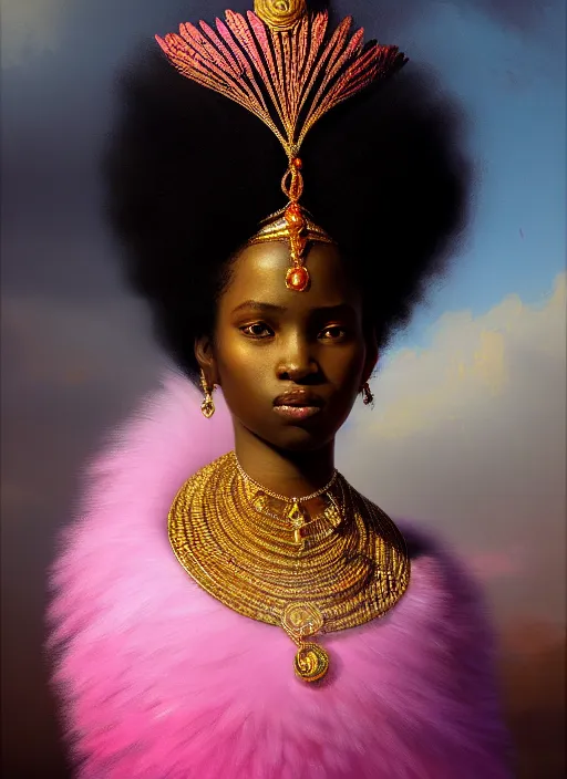 Image similar to stunning african godess princess, detailed pink and white feathers head peace against a black backdrop by ivan aivazovsky, 3 / 4 view portrait, wlop, super sharp details, photorealism, canon 5 d, 5 0 mm lens, stunning photoshot, beautiful soft lighting, muted colours, artstation