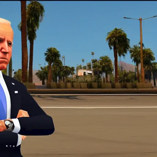 Image similar to Joe Biden in GTA V. Los Santos in the background, palm trees. In the art style of Stephen Bliss