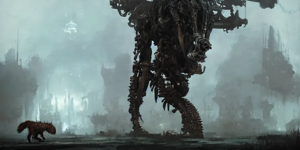 Image similar to beautiful painting by jeremy mann, a mechanical jaguar creature of horizon forbidden west horizon zero dawn, concept art, fantasy, desaturated, ominous, unsettling, sharp focus, octopath traveler, unreal engine highly rendered, global illumination, dramatic lighting, misty