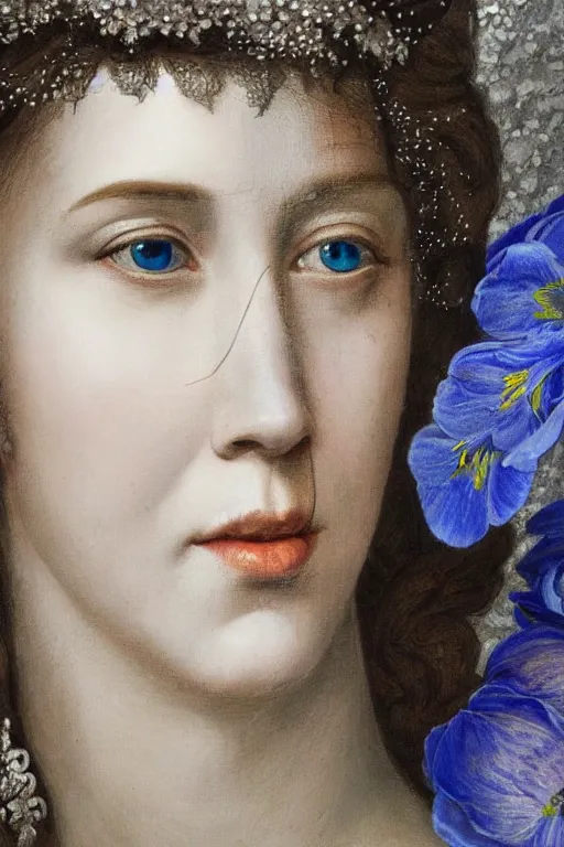 Prompt: hyperrealism close - up mythological portrait of a medieval woman's shattered face partially made of azure flowers in style of classicism, wearing silver silk robe, dark palette