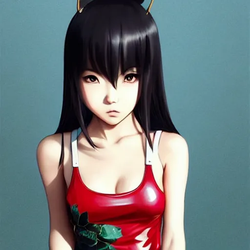 Image similar to a beautiful young japanese eimi fukada alluring instagram model in elaborate latex tank top, jrpg tank top made from latex demon faces, concept art by akira toriyama and wlop and ilya kuvshinov and artgerm and studio ghibli, aesthetic, gorgeous, stunning, alluring, attractive, artstation, deviantart, pinterest, digital art