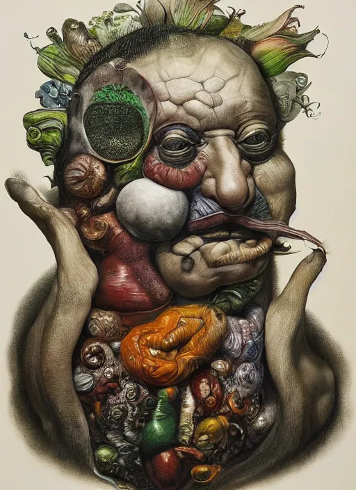 Prompt: a strange surrealist, biomorphic, portrait, side view, by dali, marco mazzoni, arcimboldo and francis bacon, emotionally evoking, looming, head in focus, arcimboldo, volumetric lighting, masterpiece