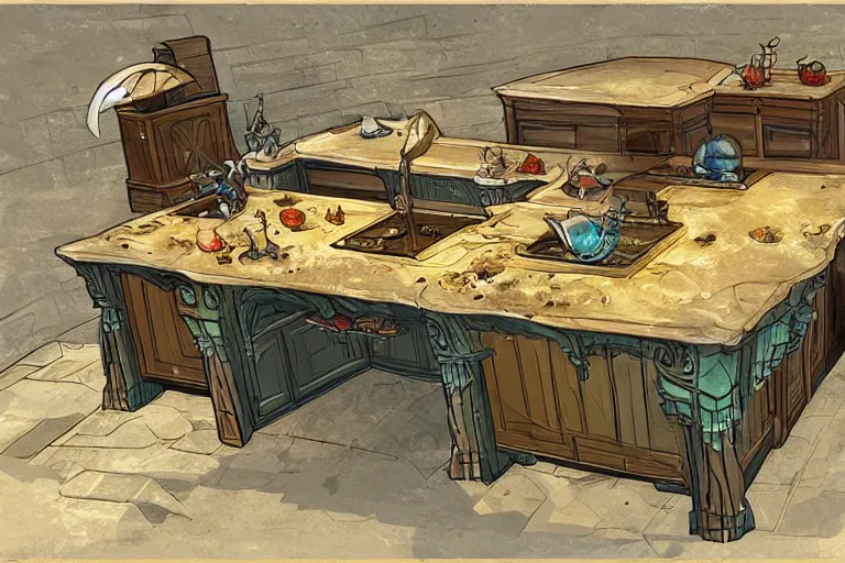 Image similar to underwater kitchen island, dungeons and dragons concept art