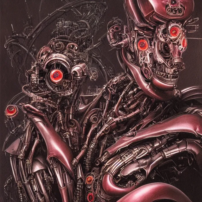 Image similar to in the art style of H.R. Giger a portrait of an evil, demented battle-damaged ruby Ultron from Age of Ultron, clockwork steampunk, head and chest only, by Beksinski, 4k, deviantart, trending on artstation, bio-chemical, bionic, fiber-optics, wires, electrical, short circuit, robocop, terminator, t-800, T-1000, endoskeleton, steampunk