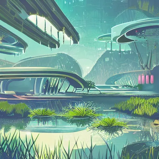 Image similar to beautiful happy picturesque charming organic futuristic sci - fi town in harmony with nature. water and plants. beautiful light. grainy and rough. soft colour scheme. beautiful artistic vector graphic design art by lurid. ( 2 0 2 2 )