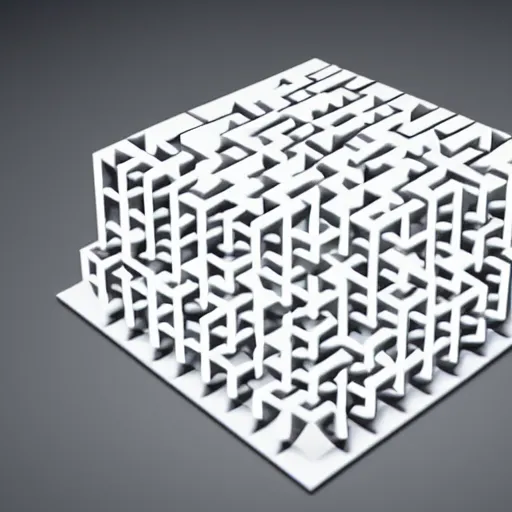 Prompt: high-definition photograph of a 3-dimensional cubic maze made out of metal, white background
