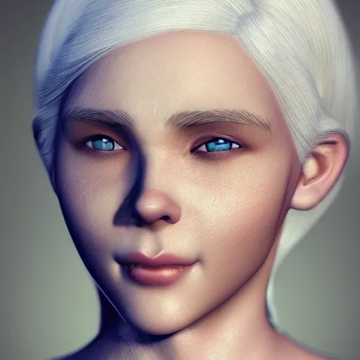 Prompt: portrait of a female human with white skin, white hair, white eyes without pupils, slightly - pointed ears, short wavy hair, eyebrow scar, trending on artstation, ethereal, gentle smile, friendly, glowing, angled