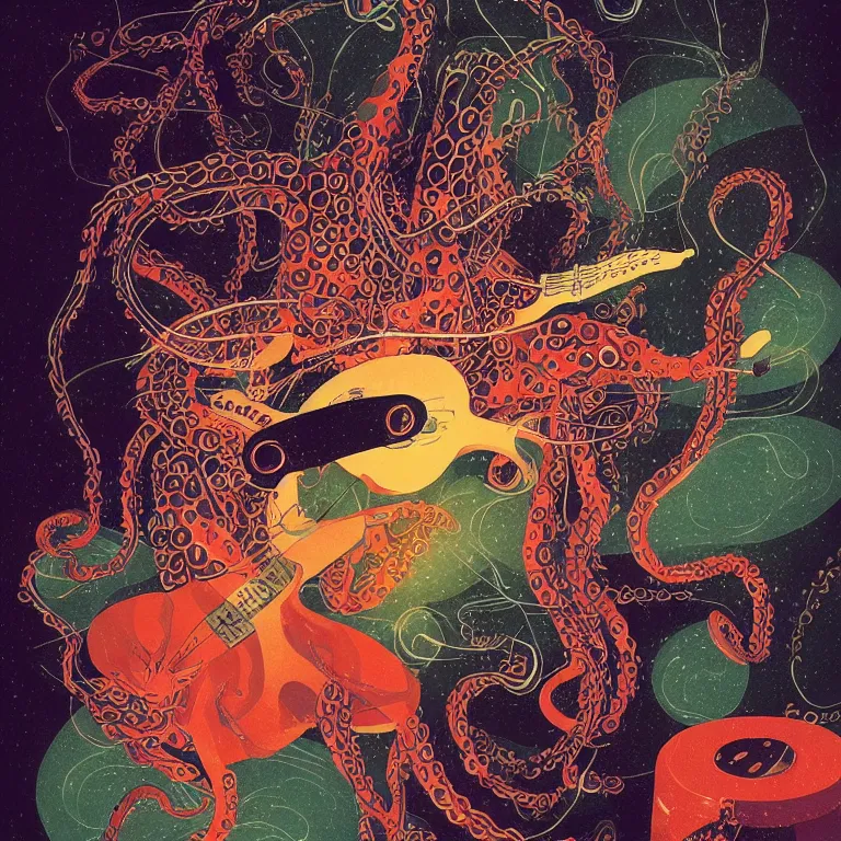 Image similar to a beautiful painting by victo ngai of an octopus playing drums and telecaster guitar in an electronic concert, dark background, concert light, dark mood, warm lights