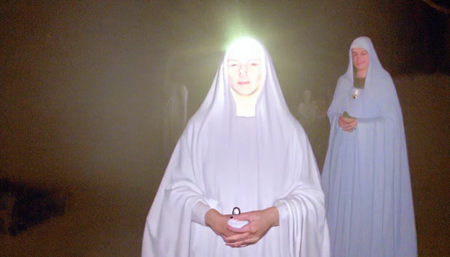 Image similar to 2 0 0 8 nokia flipphone footage of marian apparition, subject glowing