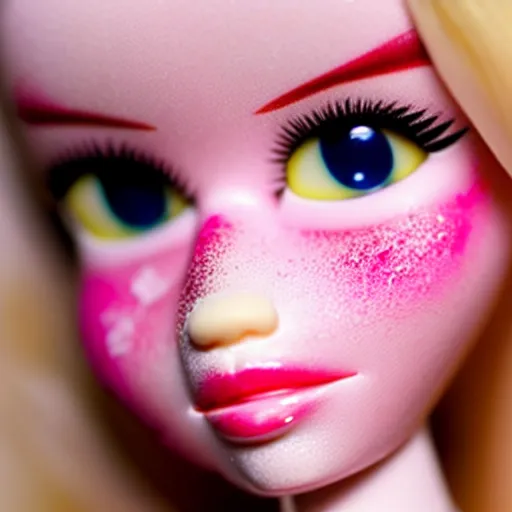 Image similar to a barbie doll with white powder all over her face