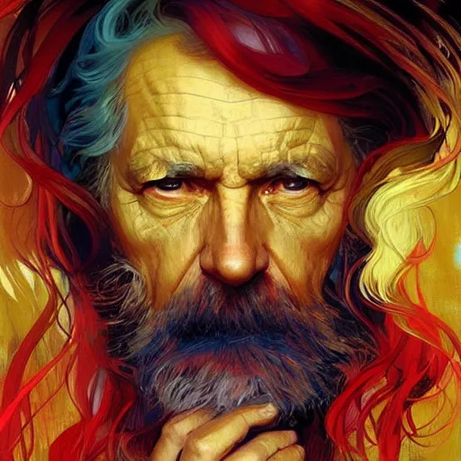 Image similar to The face of a wise but stern old man made out of swirling stormclouds in a stormy sky. Colorful, reds, yellows, blues. Beautiful, dreamy digital art by Artgerm and Greg Rutkowski and Alphonse Mucha