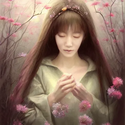 Image similar to detailed portrait of japanese girl in a spring, spring light, painting by lise deharme