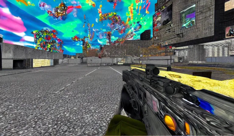 Image similar to A first-person shooter, PS2 game, 3DCG, designed by Tadanori Yokoo!!!!!