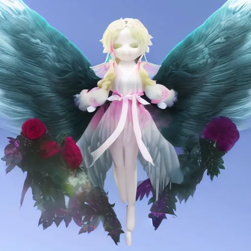 Image similar to cute fumo plush of a divine angel, gothic maiden, ribbons and flowers, ruffled wings, feathers raining, particle simulation, clouds, vray, outline glow lens flare