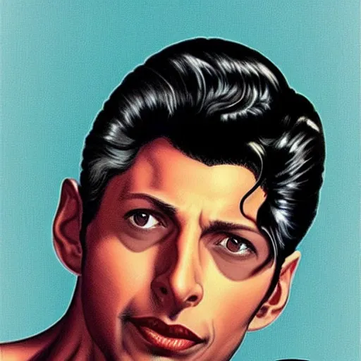 Image similar to young jeff goldblum as bruce wayne, muscular, batman t shirt, joe jusko, boris vallejo