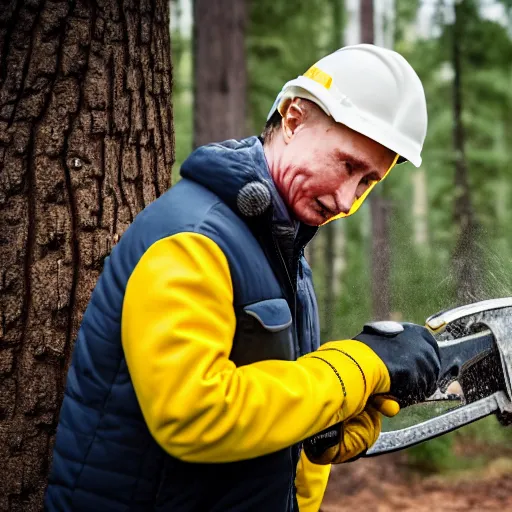 Prompt: putin with a chainsaw, cutting a tree. he wears a yellow safety helmet. canon eos r 3, f / 1. 4, iso 2 0 0, 1 / 1 6 0 s, 8 k, raw.