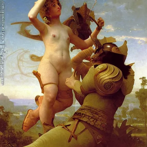 Prompt: A giant snail attacking a knight, oil on canvas, fantasy, highly detailed, epic, by William-Adolphe Bouguereau