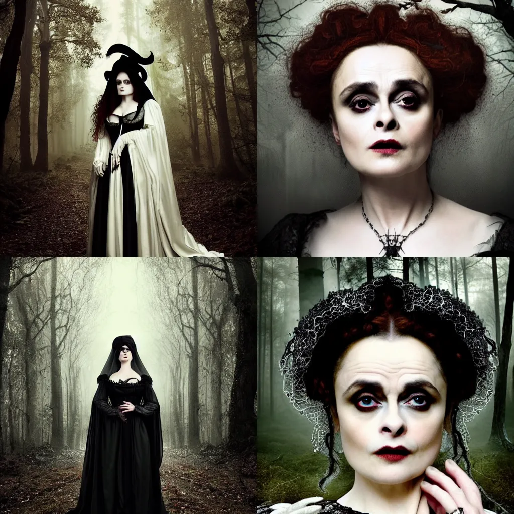 Prompt: stunning full body baroque portrait, pale vampiric gaunt woman Helena Bonham Carter in mourning veil wearing a industrial victorian dress, symmetrical face symmetrical eyes, in a forest surrounded by dark hanging trees, sinister, priestess, witch, wicked, villain, detailed, atmospheric, dark gothic color scheme, cinematic, desaturated, 8K matte, rendered in octane