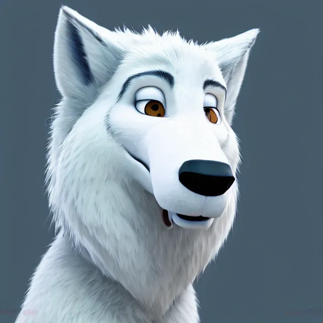 Prompt: portrait headshot of a cute male white wolf in the style of zootopia. volumetric lighting, subsurface scattering, hyperrealistic, octane render, hyperdetailed