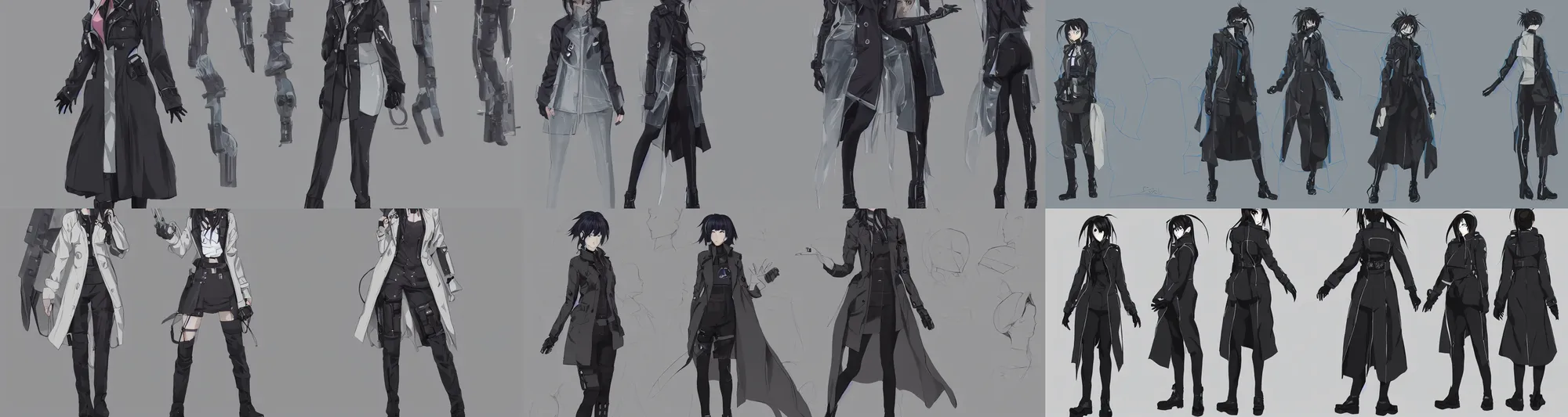 Prompt: a female anime cyberpunk dream police detective wearing a heavy trench coat, character concept exploration, concept art, inspired by ergo proxy, clear outfit design, techwear, trending on artstation, clear shapes, clean edges, centred, full body