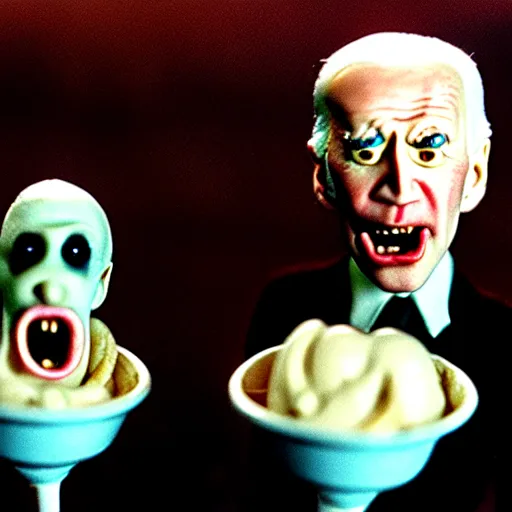 Prompt: claymation joe biden insatiable hunger for ice cream by jan svankmajer, hyperrealistic, very detailed, tim burton, 3 5 mm film still, gothic, horror, eldritch