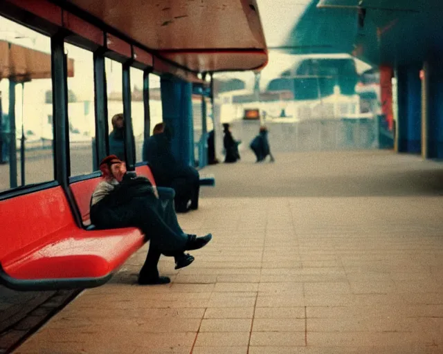 Image similar to a lomographic photo of russian lone man sitting in bus station at evening, cinestill, bokeh