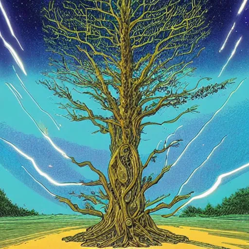 Image similar to a large tree rooted in a galactic crystal hovering in space, by moebius