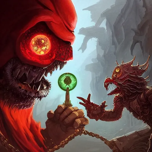Prompt: a beholder creature fighting versus a beared red dressed wizard, deep focus, d & d, fantasy, intricate, elegant, highly detailed, digital painting, dungeon, conept art, matte, sharp focus, illustration, hearthstone, art by artgerm and greg rutkowski and alphonse mucha