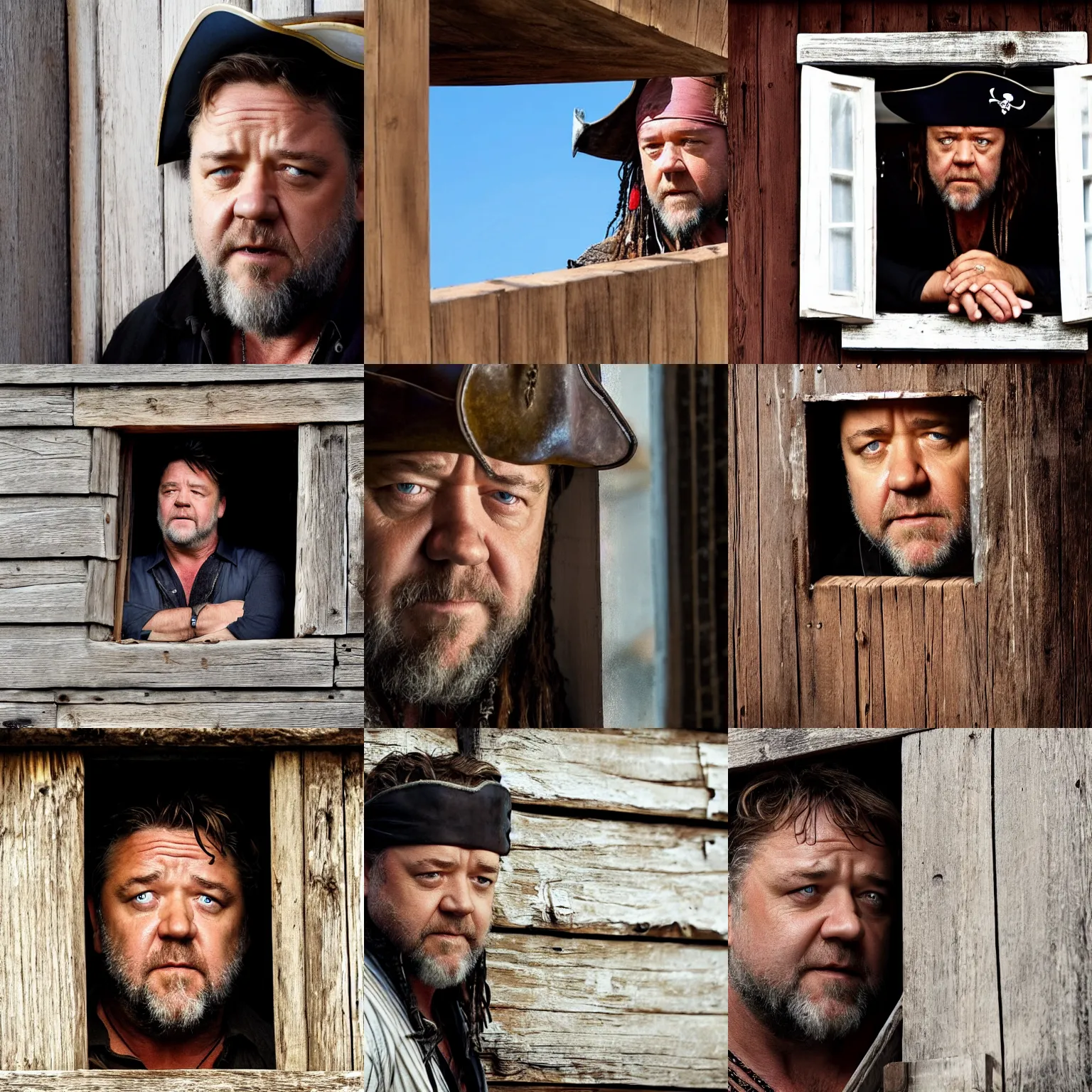 Image similar to russell crowe with large pirate hat peering out concerned down to camera from a small window in a wooden wall