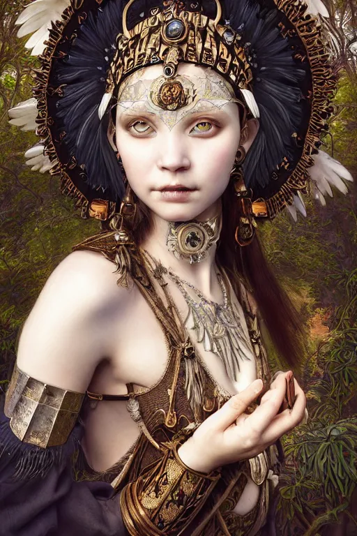 Image similar to A masterpiece ultrarealistic portrait of a Irristible angel princess tribal-shaman-knight-witch-ghost with Skull Iron mask. baroque renaissance girl in the night forest. medium shot, intricate, elegant, highly detailed. trending on artstation, digital art, by Stanley Artgerm Lau, WLOP, Rossdraws, James Jean, Andrei Riabovitchev, Marc Simonetti, Yoshitaka Amano. background by James Jean and Gustav Klimt, light by Julie Bell, 4k, porcelain skin.