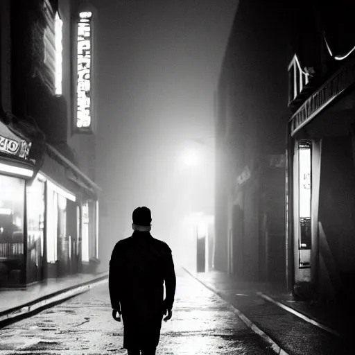 Image similar to a man wearing a trenchoat, walking down a dark street, neonoir, cyberpunk, Blade Runner inspired, film still