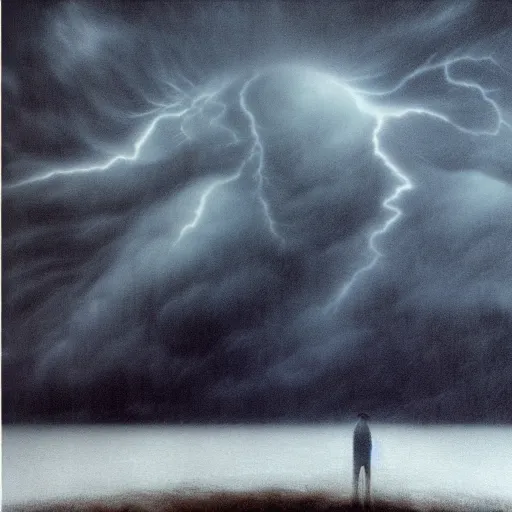 Image similar to killua zoldyck made by zdzisław beksinski, thunderstorm, 8 k, detailed, cinematic, rain, crying, black