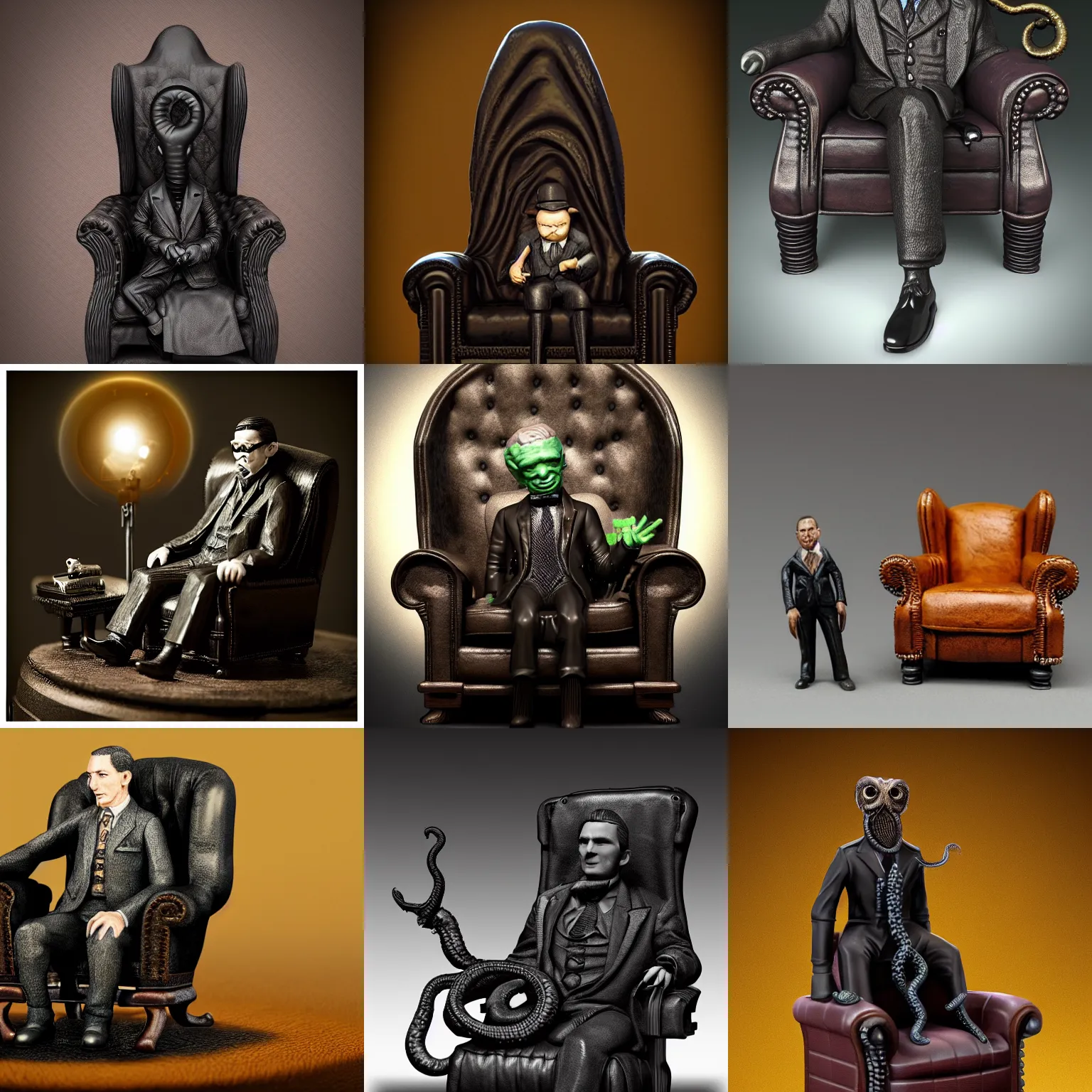 Prompt: isometric view 2 8 mm miniature statue howard phillips lovecraft dressed suit sitting in tall leather armchair, with small cat on lap, big tentacle sneak around, darkness, black resin material, black background, octane render, backlight, highly detailed intricate matte sharp focus digital painting artstation pixiv