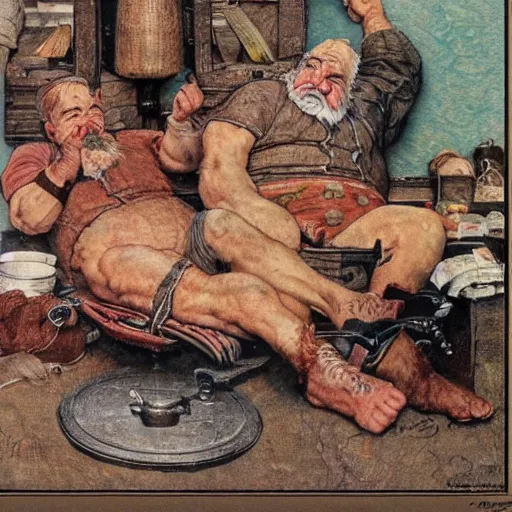 Image similar to detailed photo of extremely beautiful dwarves having good rest after work, intricate details, norman rockwell style