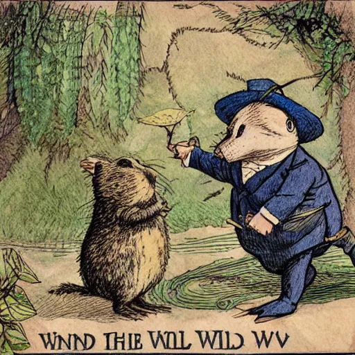 Image similar to colored illustration for the book wind in the willows, with toad welcominging his friends mole, water rat, and badger to toad hall, in style of sir john tenniel