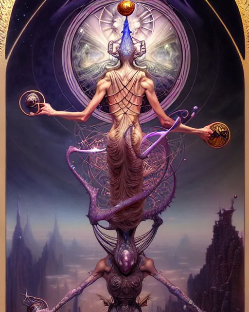 Prompt: the world tarot card, fantasy drawing made of fractals, ultra realistic, wide angle, intricate details, the fifth element artifacts, highly detailed by peter mohrbacher, hajime sorayama, wayne barlowe, boris vallejo, aaron horkey, gaston bussiere, craig mullins