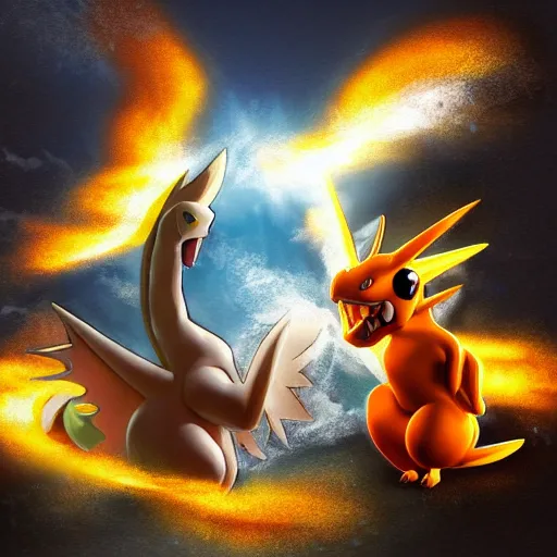 Prompt: Baroque Pokemon painting, pikachu and charizard and lugia, dramatic lighting, water spray, glistening