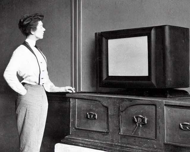 Image similar to 1 9 0 0 s photo of a person watching a flat screen hd tv