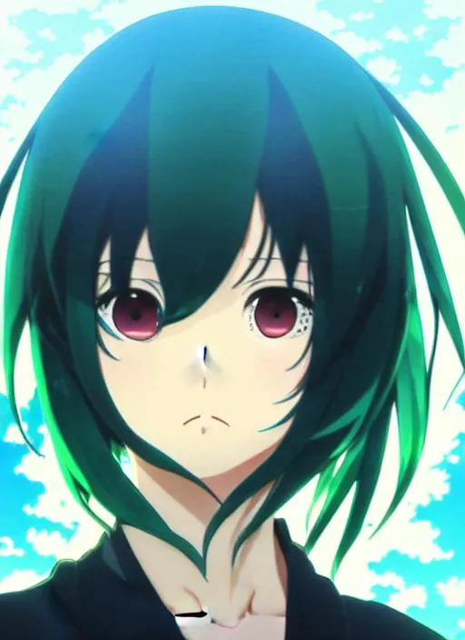 Image similar to makoto shinkai, artgerm, ilya kuvshinov, beautiful anime women with green dress, long blue hair, water powers water swirling, symmetrical face, symmetrical eyes, detailed, beach setting, cinematic lighting